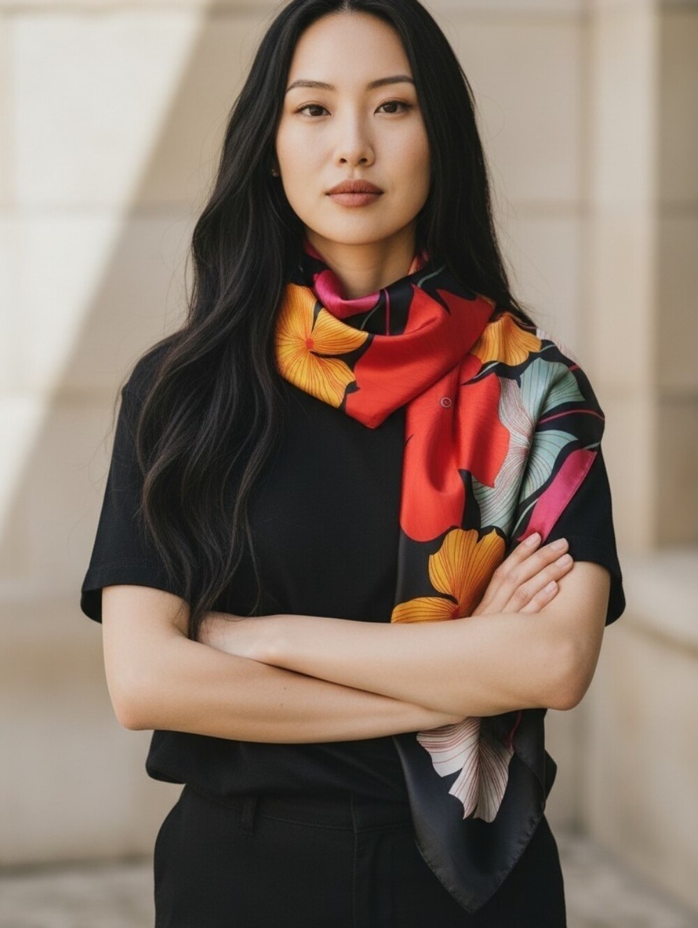 Luxury Silky Floral Scarf in Black, Red, & Pink
